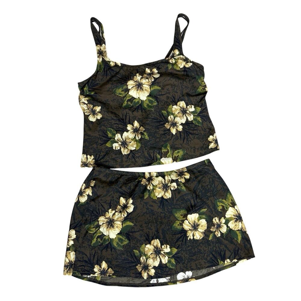 Lands' End Tankini Swim Skirt Set Floral Tropical Hibiscus Earthy Size 14 *Read